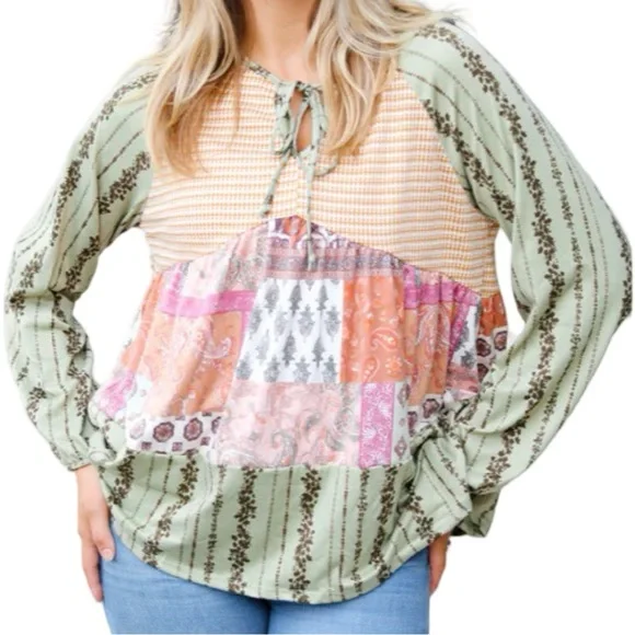 NEW HAPTICS OLIVE & MUSTARD BOHO TWO TONE TIERED BABYDOLL TOP - Picture 4 of 11